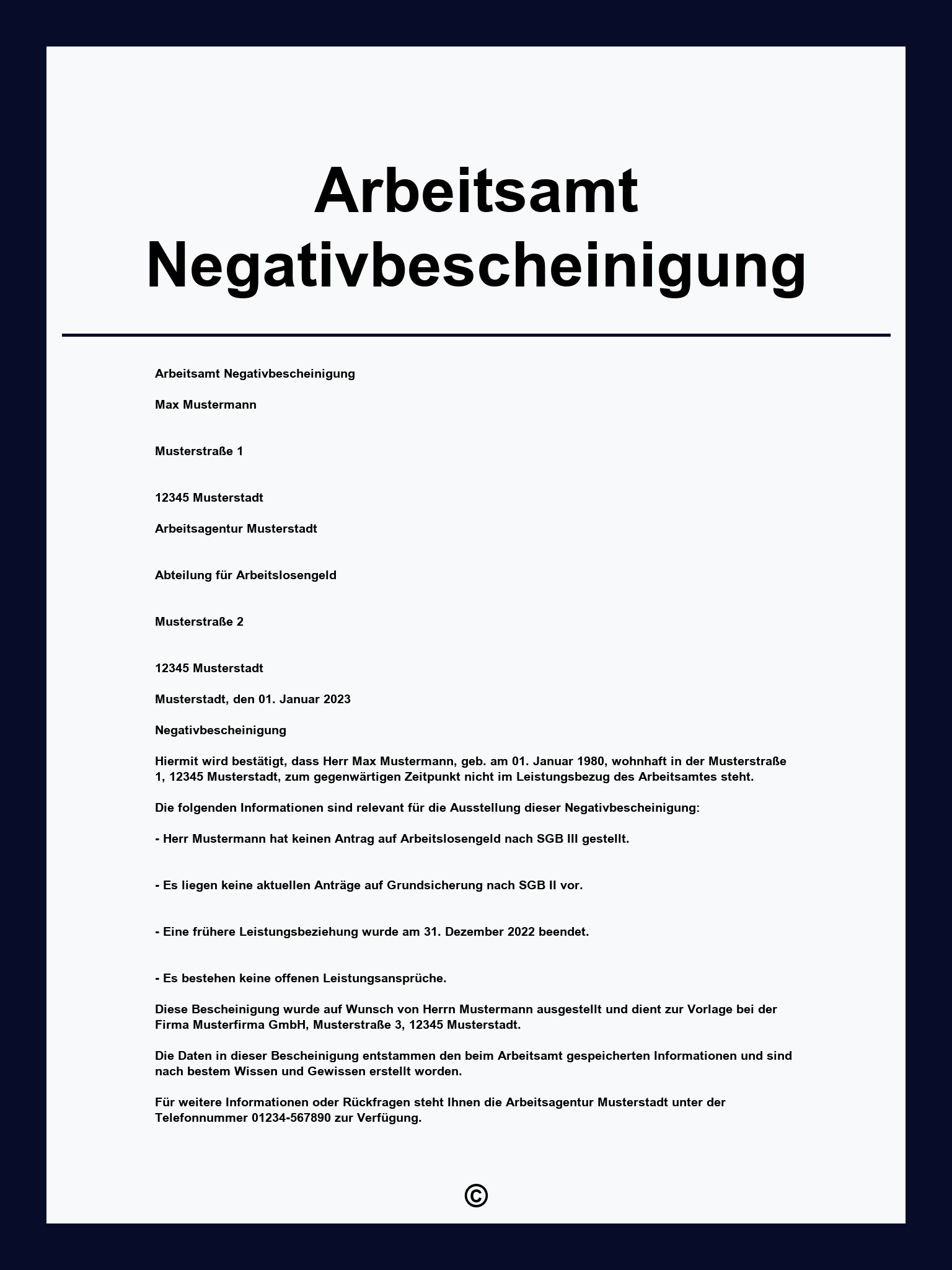 Arbeitsamt Negativbescheinigung