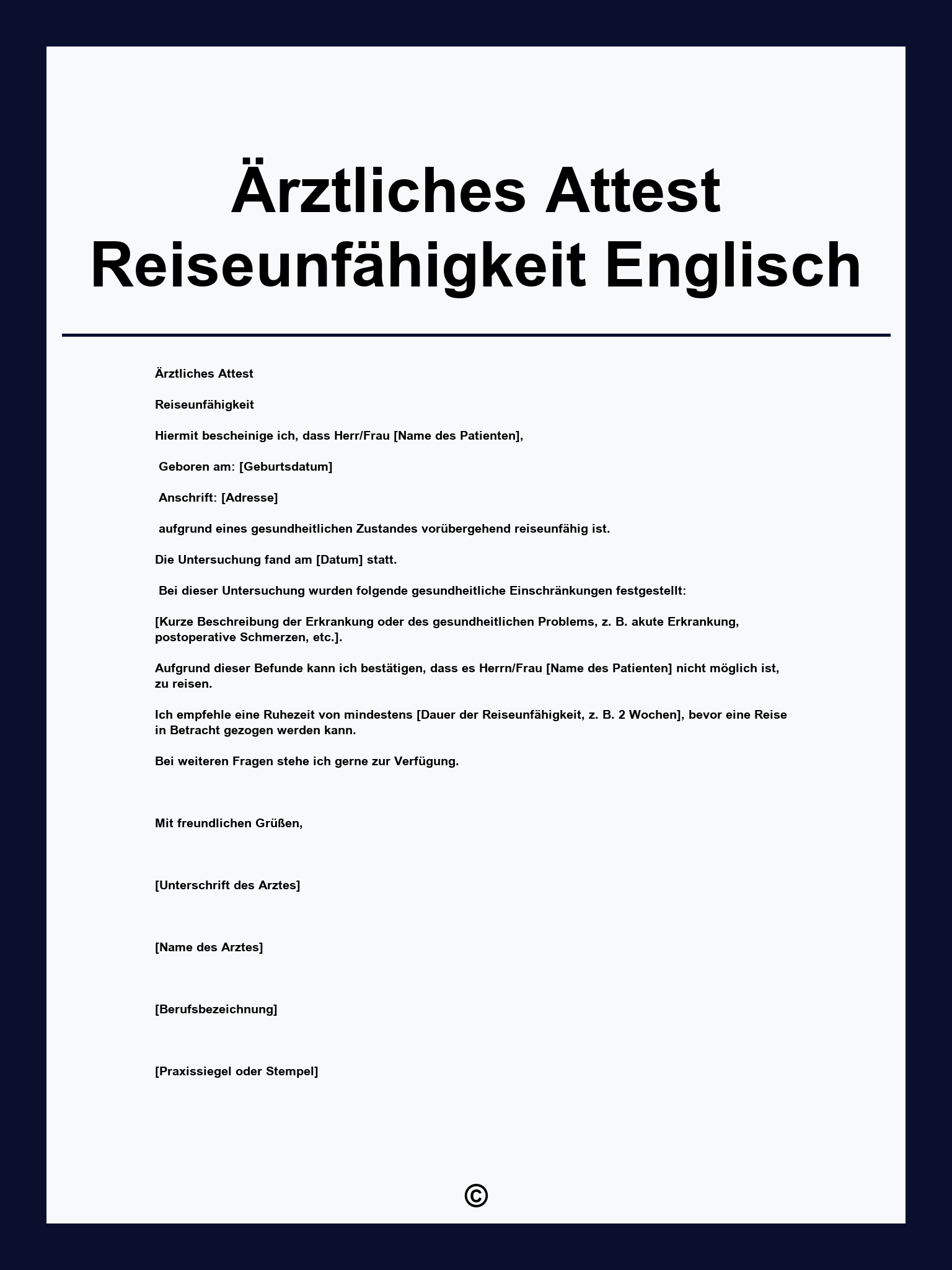 Ärztliches Attest Reiseunfähigkeit Vorlage Englisch