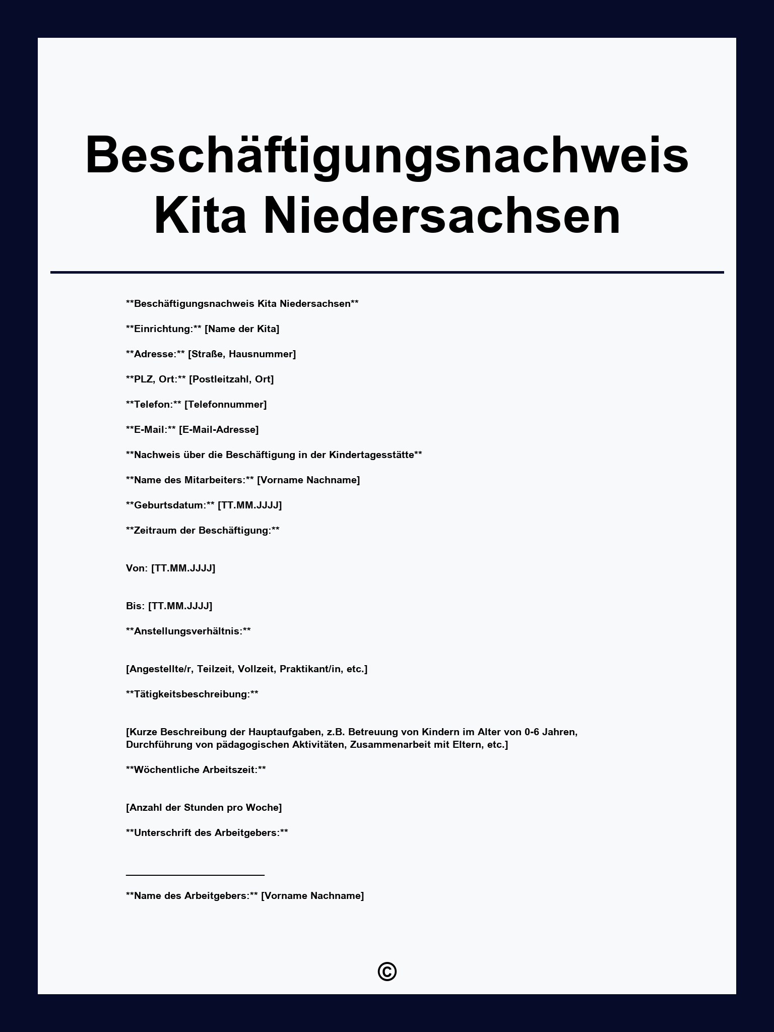Beschäftigungsnachweis Kita Vorlage Niedersachsen