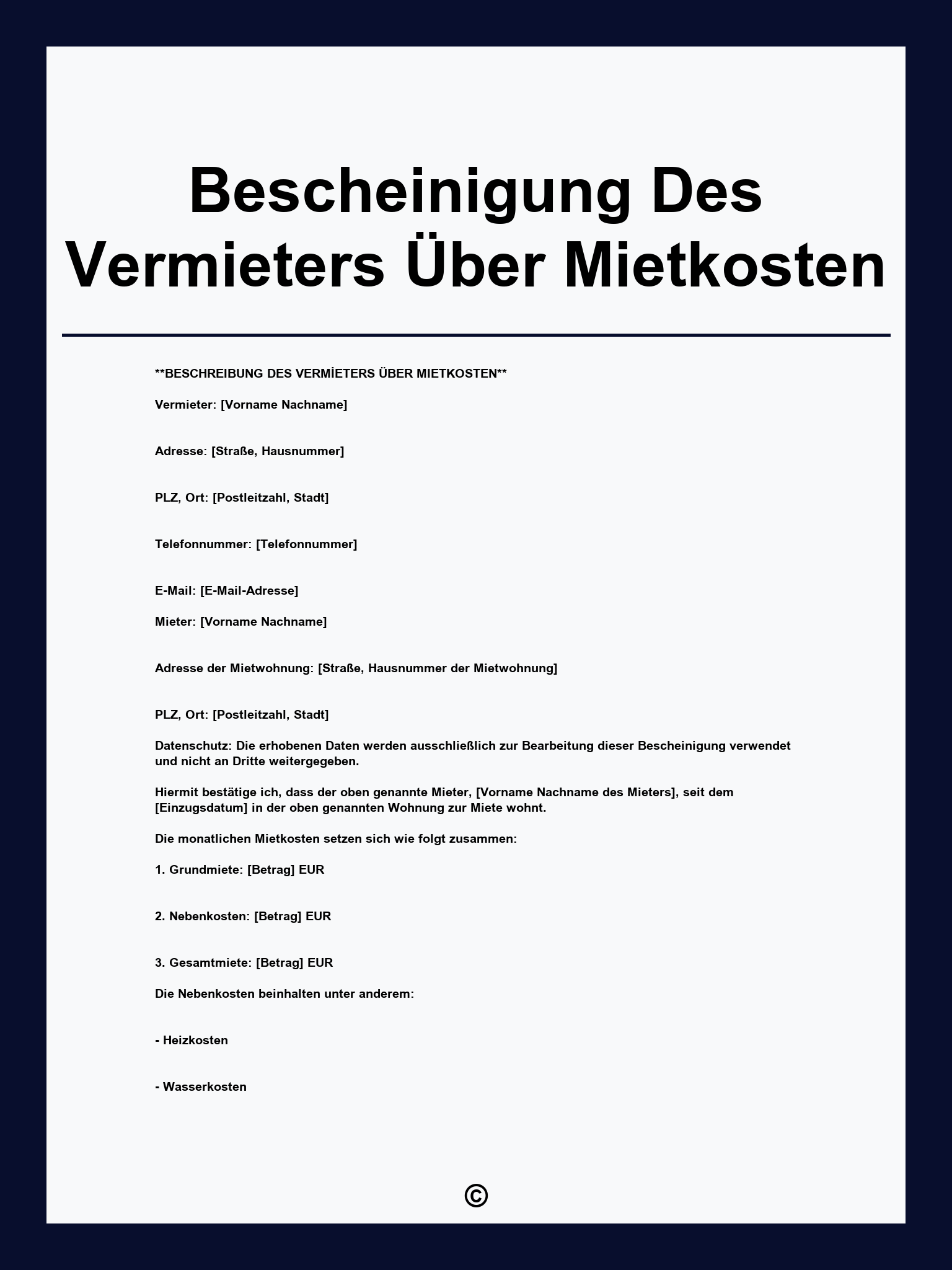Bescheinigung Des Vermieters Über Mietkosten