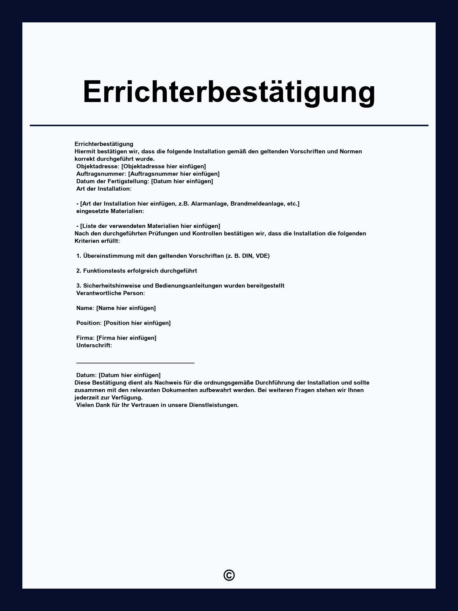 Errichterbestätigung Vorlage