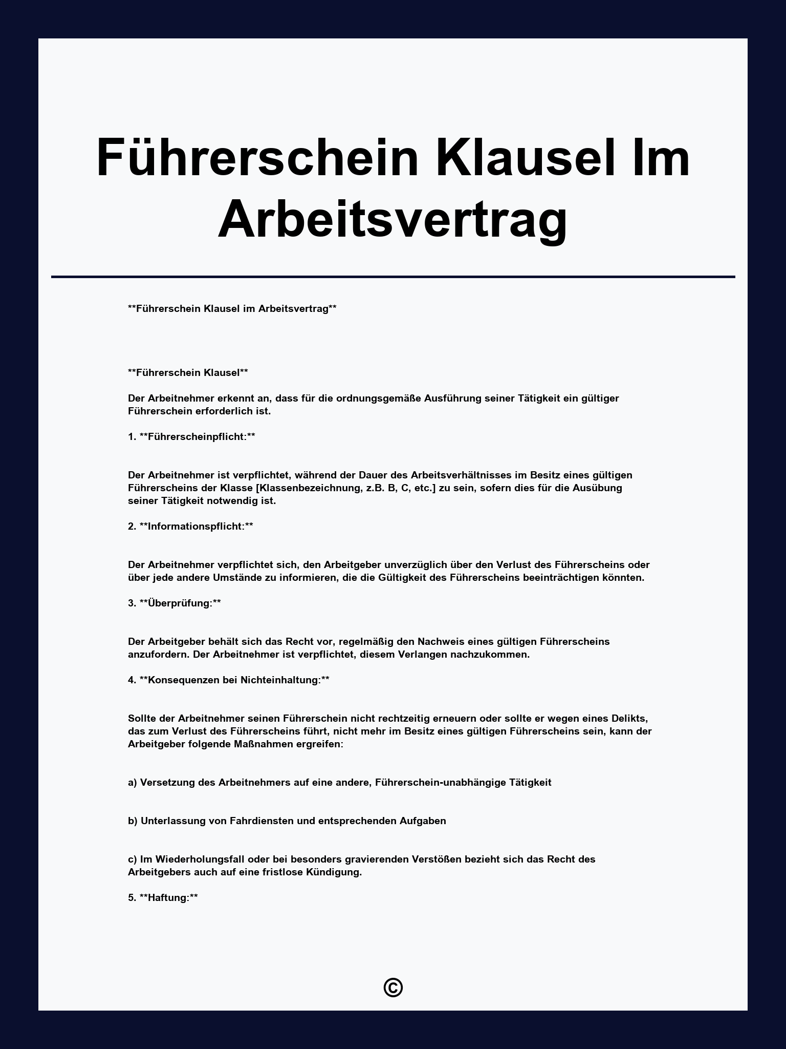 Führerschein Klausel Im Arbeitsvertrag Muster