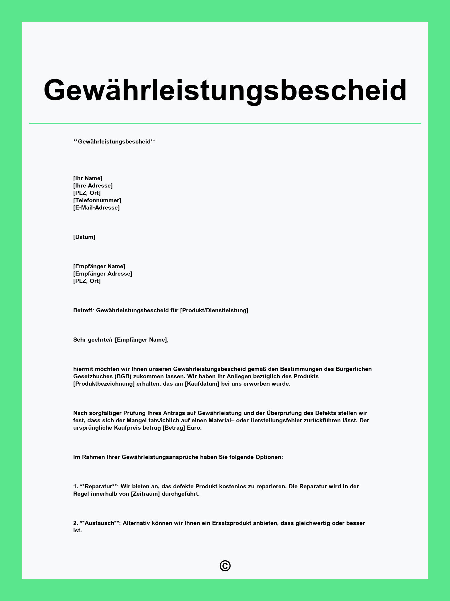 Gewährleistungsbescheid Muster