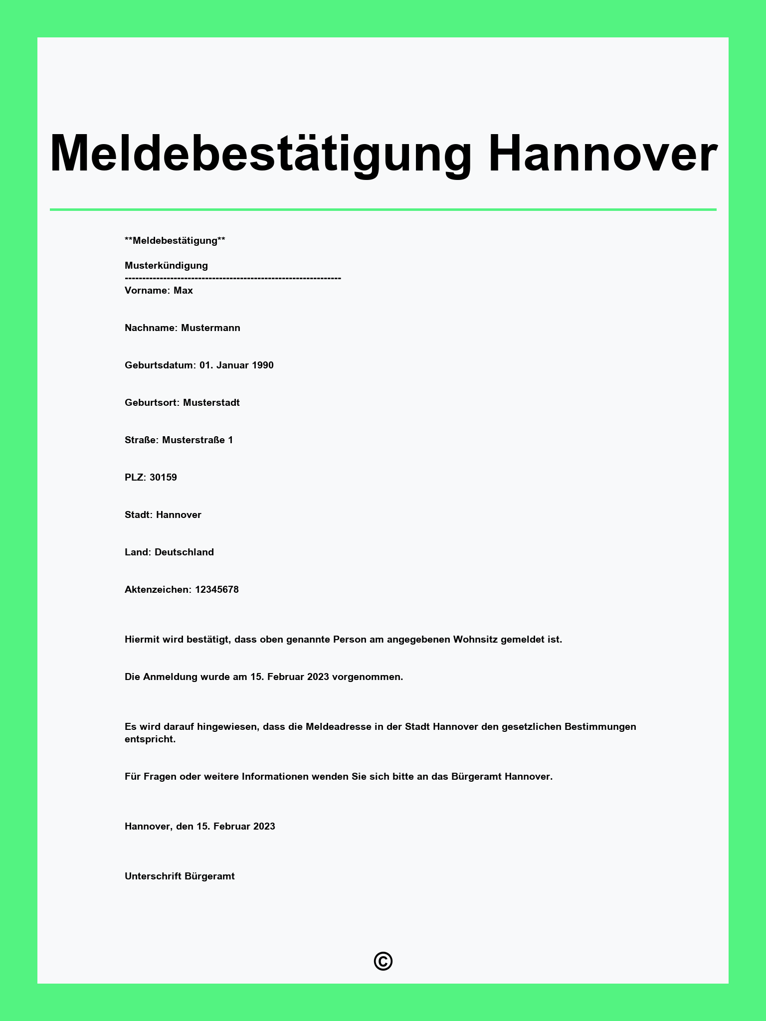 Meldebestätigung Hannover