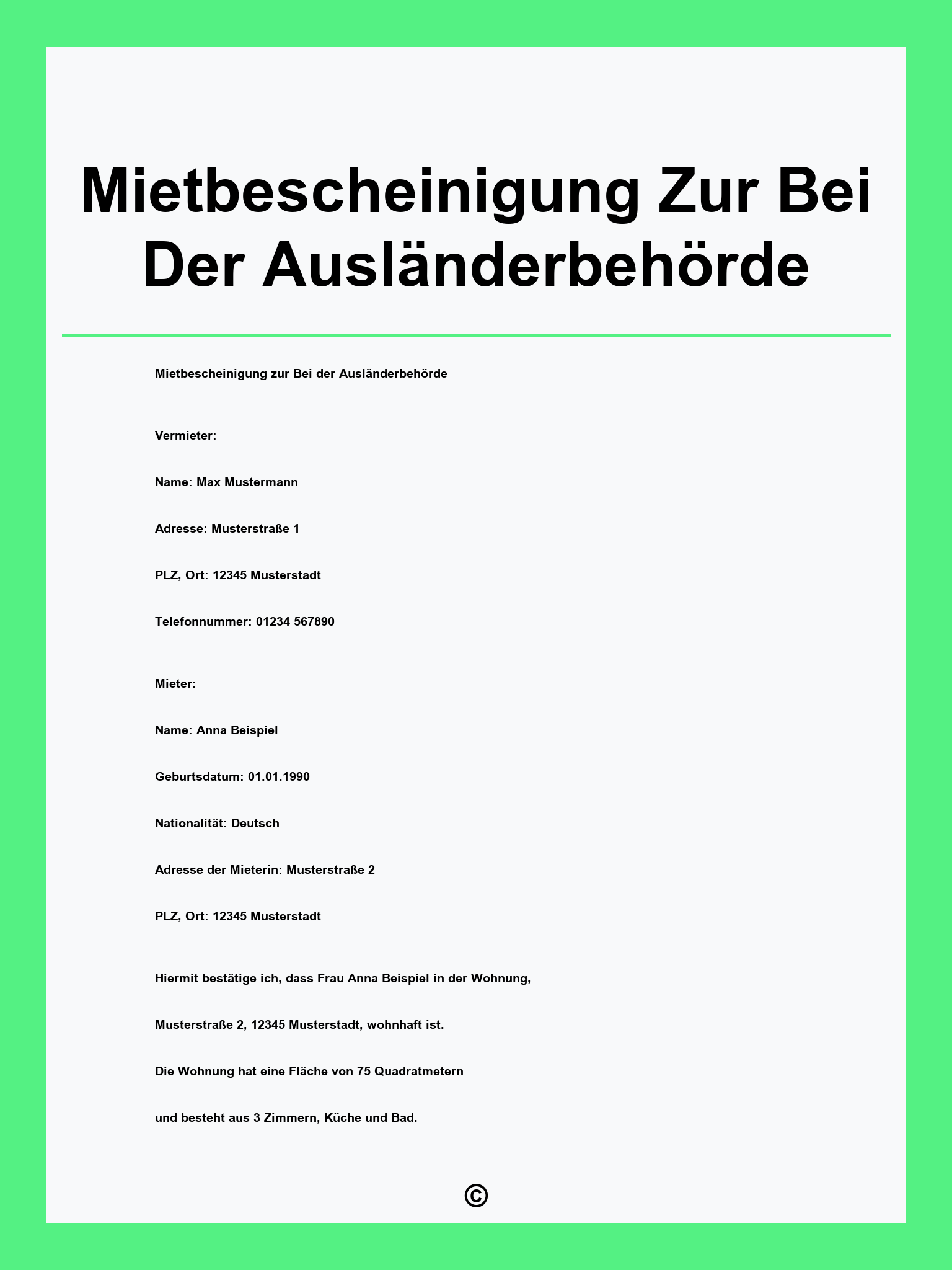 Mietbescheinigung Zur Vorlage Bei Der Ausländerbehörde