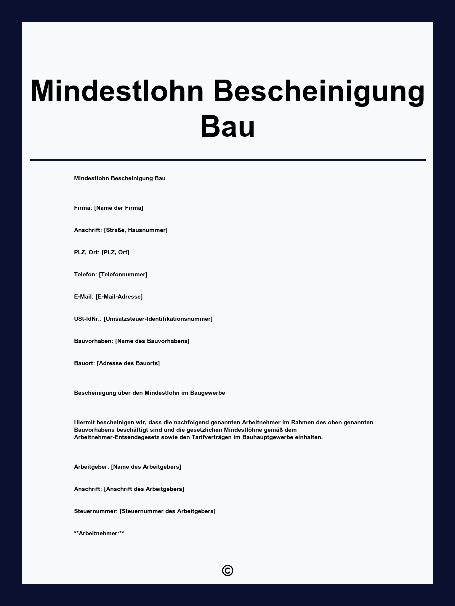 Mindestlohn Bescheinigung Vorlage Bau