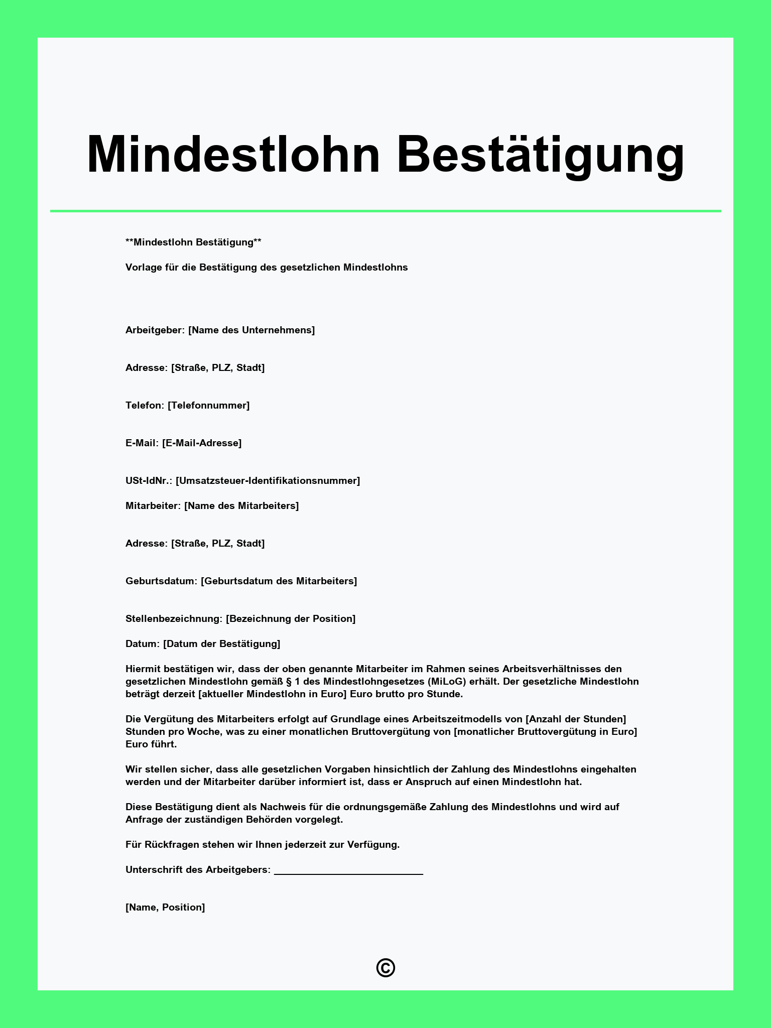 Mindestlohn Bestätigung Vorlage