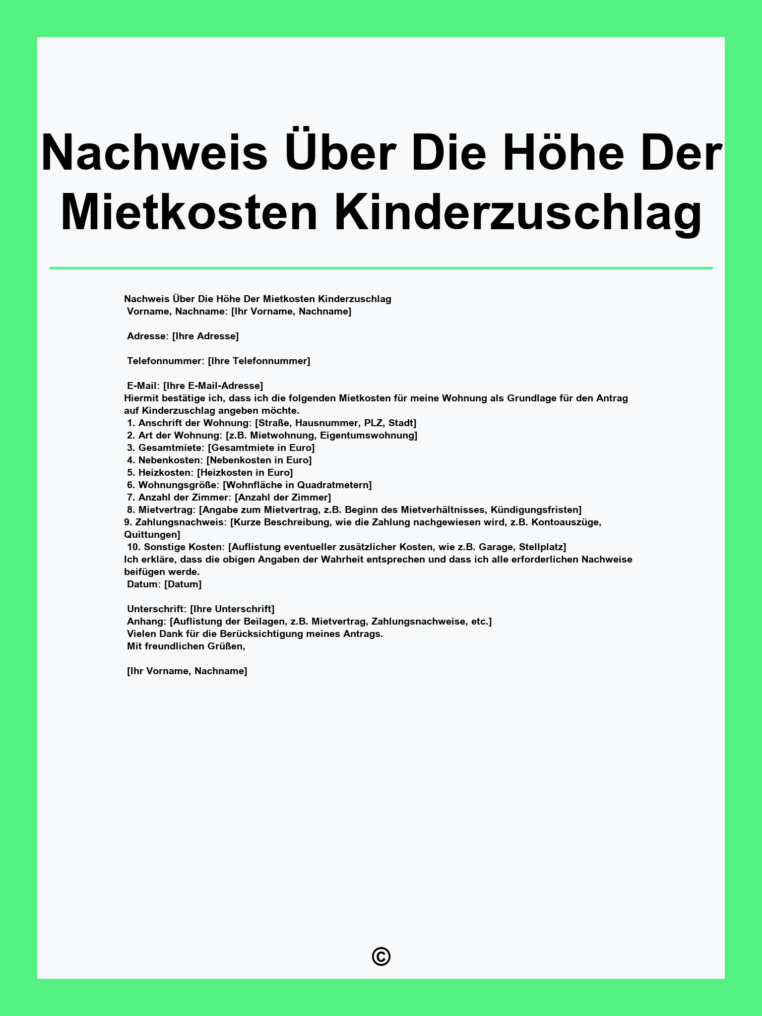 Nachweis Über Die Höhe Der Mietkosten Kinderzuschlag