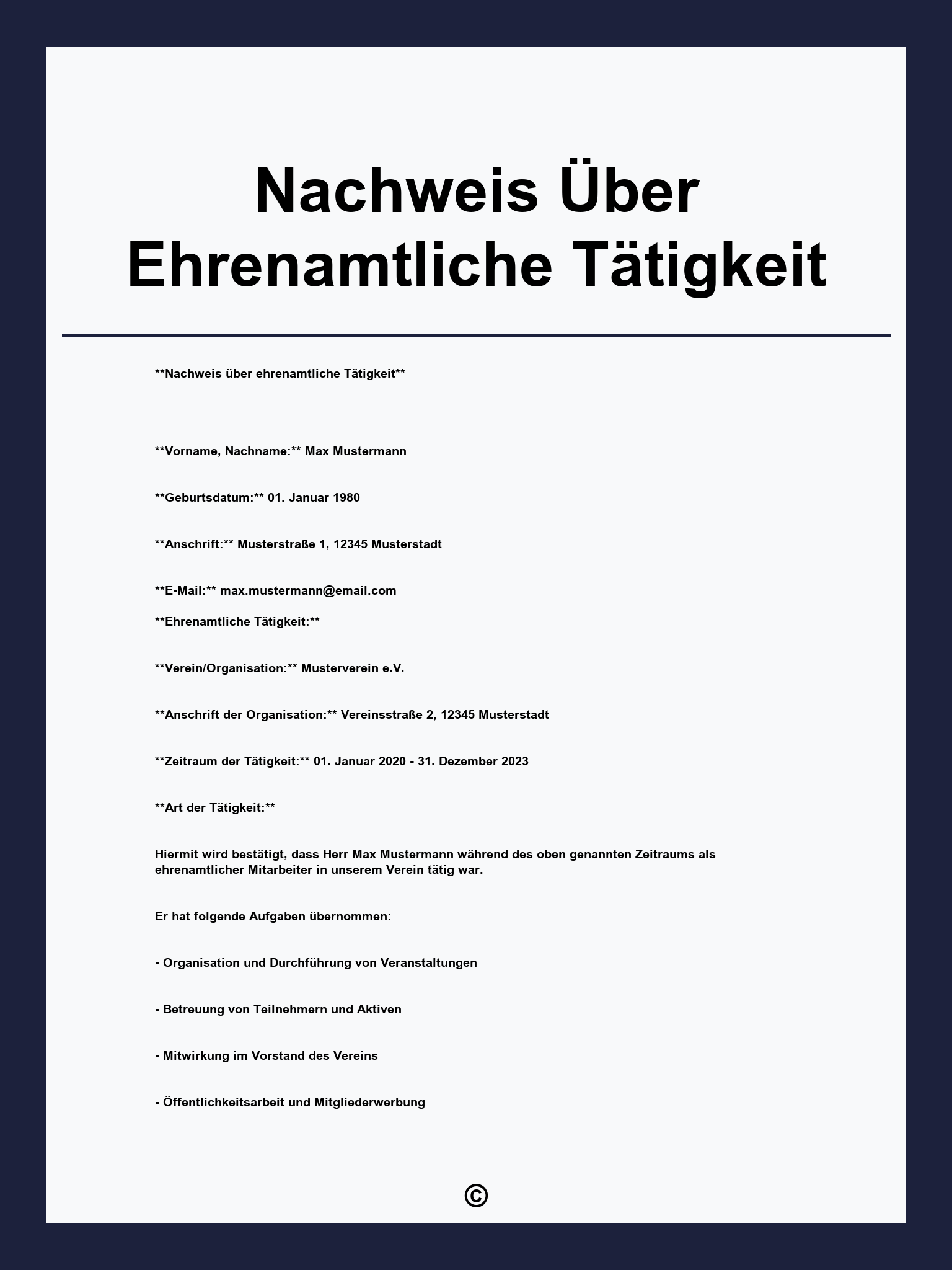Nachweis Über Ehrenamtliche Tätigkeit Vorlage