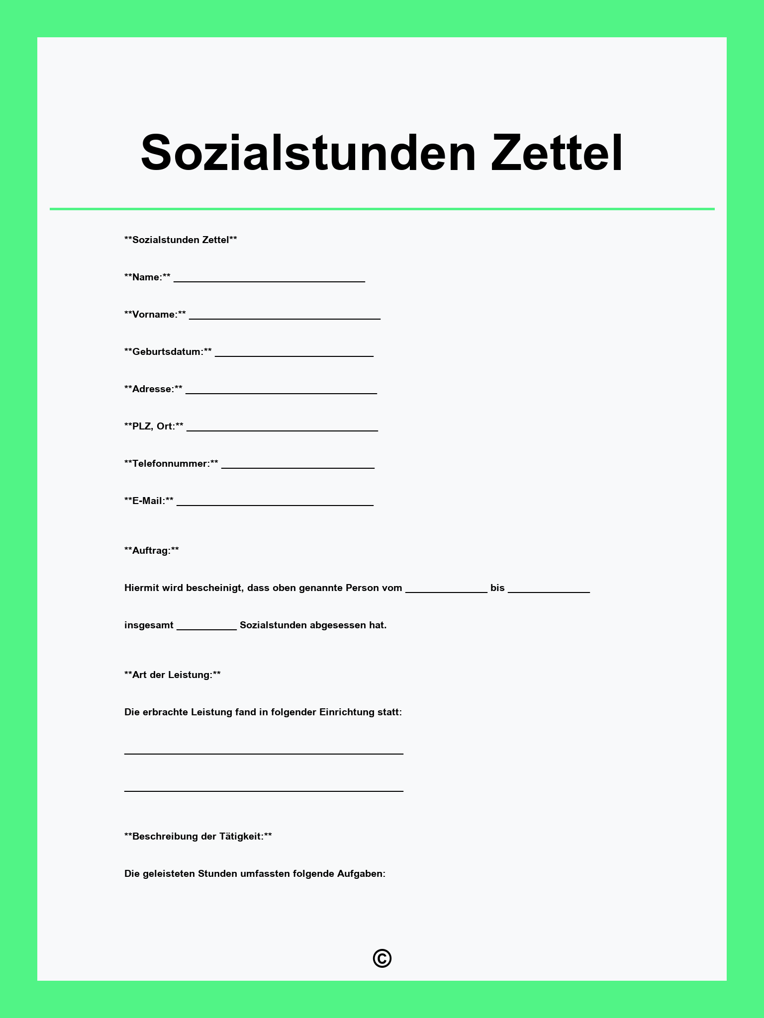 Sozialstunden Zettel