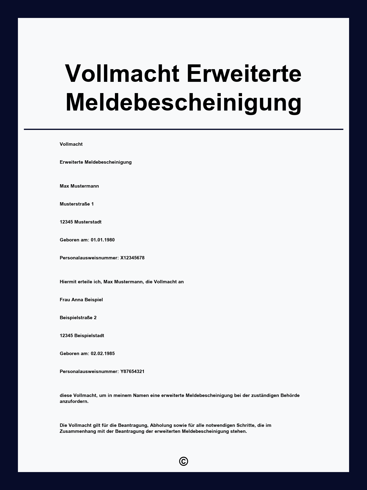 Vollmacht Erweiterte Meldebescheinigung Vordruck